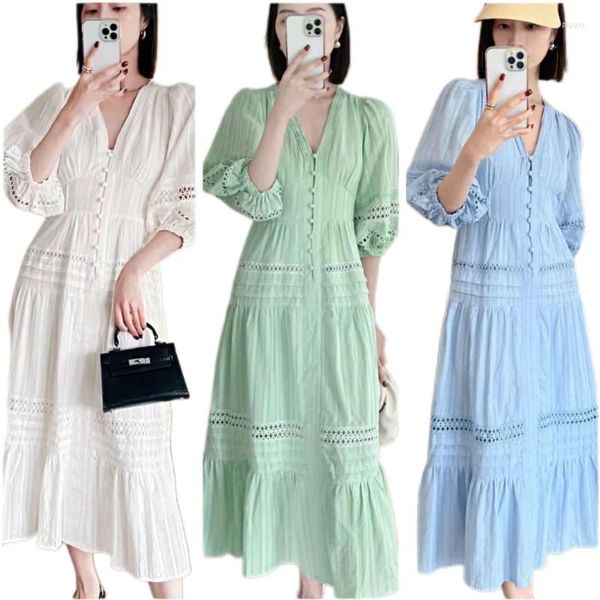 Abiti casual abito lungo di lusso francese per donne a manica a soffio a soffio vuoto sciolto blu bianco blu estate autunno vestidos femme