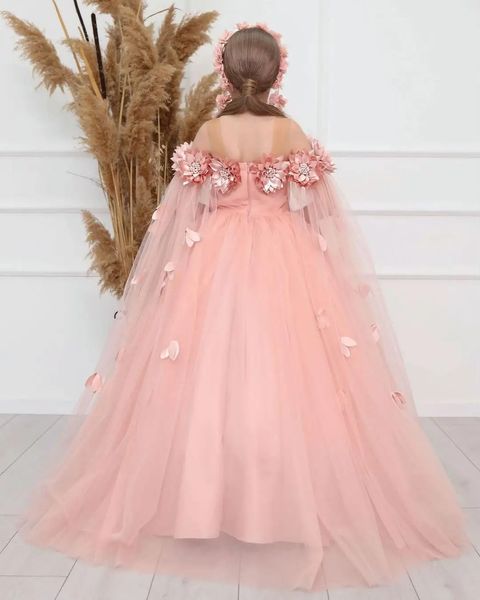 Abito di comunione con ricamo avvolgimento floreale Cape Princess Ball Abito soffice Gonna Tulle Fairy Formale Party Prom Eventin 240417