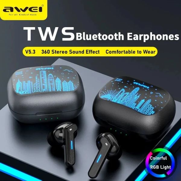 Fones de ouvido AWEI T53 TWS Bluetooth Earbuds Gaming Headphones Wireless Call Reduction Earphones com Shenzhen Hong Kong RGB Light