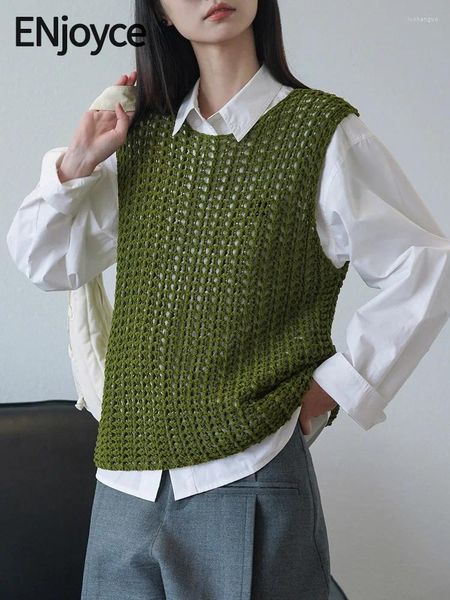 Suéteres femininos desfrutar de mulheres coletes de malha verde de malha vintage ladras coreanas tampas de moda coreana tampas de camisole sem mangas hollow out malhas