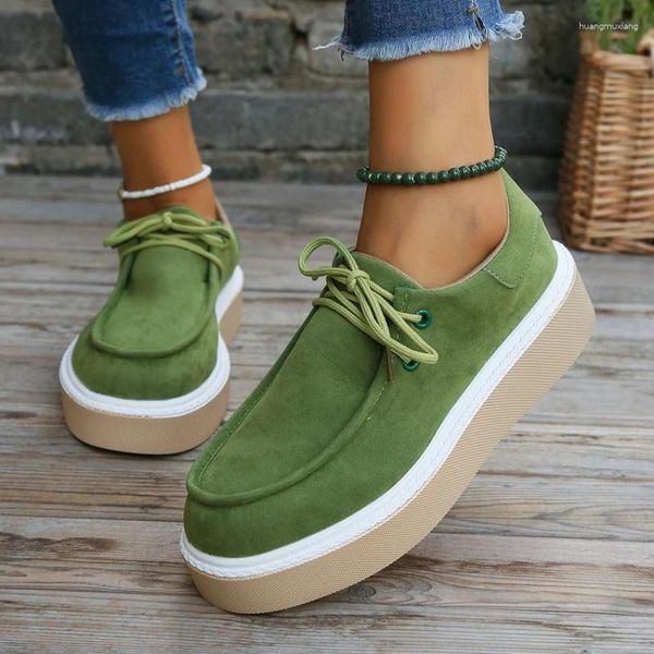 Sapatos casuais Sapatos vintage plataforma feminina sola de laço verde All-Match Sneakers Trend raso sólido de tamanho grande salto plano Zapatos