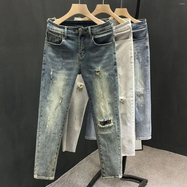 Jeans maschile moda lussuoso stile coreano in stile coreano elegante denim casual slim for uomini primaverili per i pantaloni di cotone in difficoltà