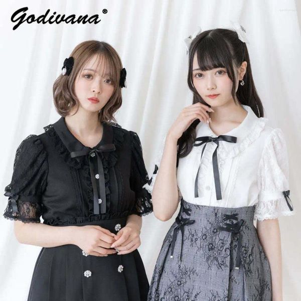 Blusas femininas 2024 Spring and Summer Lolita camisa japonesa doce manga de renda de renda top solto garotas blugus