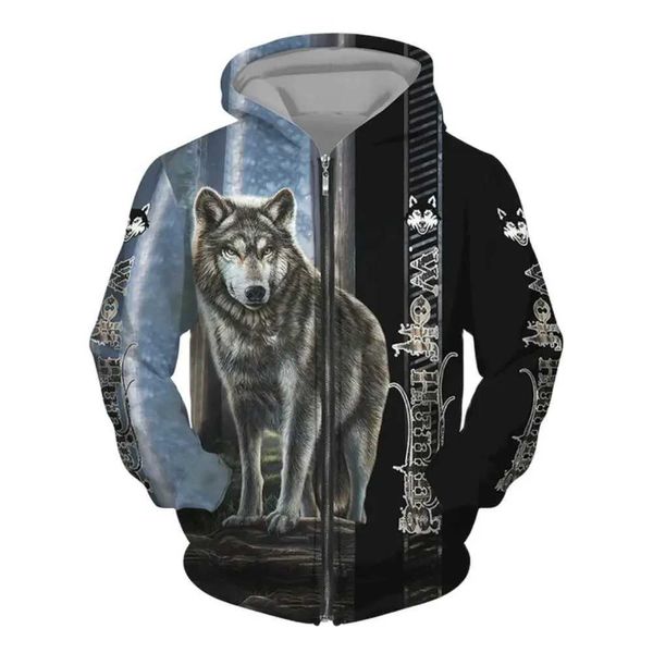 Sorto moletom com capuz masshirts 3d All Wolf Print Mens com capuz Sweatshirt Street Punk Style Zipper Flip Jacket Motherable Retro Roupas 240425