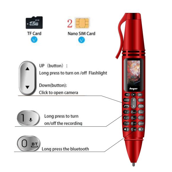 Fones de ouvido AK007 Pen Mini Cellphone 0,96 