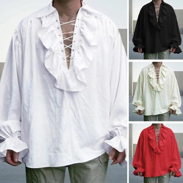 Herren lässige Hemden Männer Polyester atmungsaktive Renaissance Piratenhemd für Langarm Schnürkostüm Cosplay-Bühnendrama