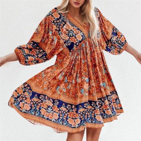 Vestidos casuais lady floral vintage mini outono boho vestido de férias vestido de manga comprida hippie amargo u-deco