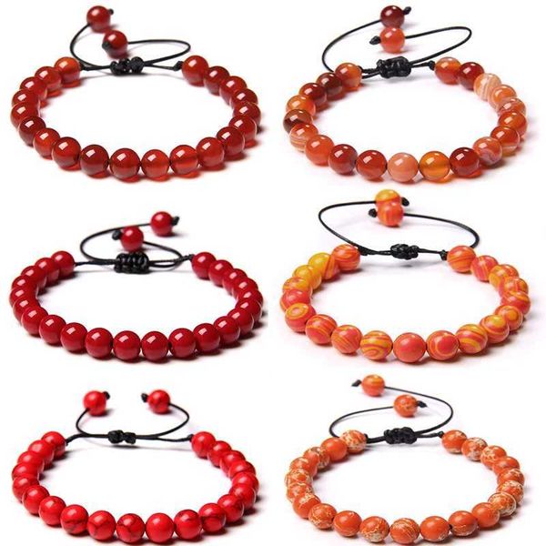 Perlen Rot Orange Steinarmband 8mm natürliches Achat Wassermelonenperlen Verstellbarer Yoga Lucky Womens Schmuck