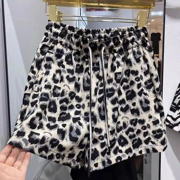 Pantaloncini da donna stampa leopardo sciolto estate casual 2024 gamba larga pantalone elastico pantaloni in vita alta