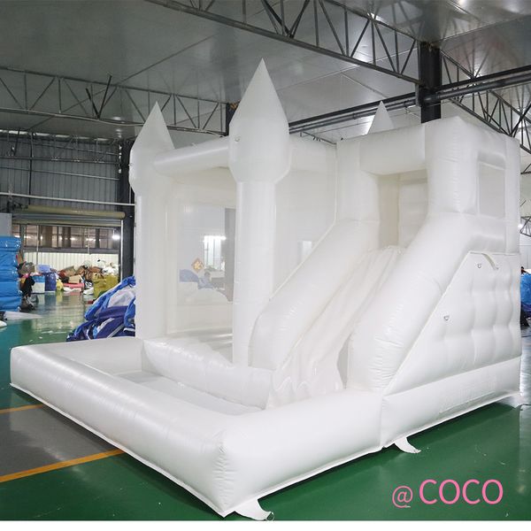 Consegna gratuita Attività all'aperto 4,5mlx4.5mwx3.5m (15x15x11.5ft) Casa di risalto per matrimoni gonfiabili in PVC completa, castello di rimbalzo bianco con scivolo e fossa per bambini