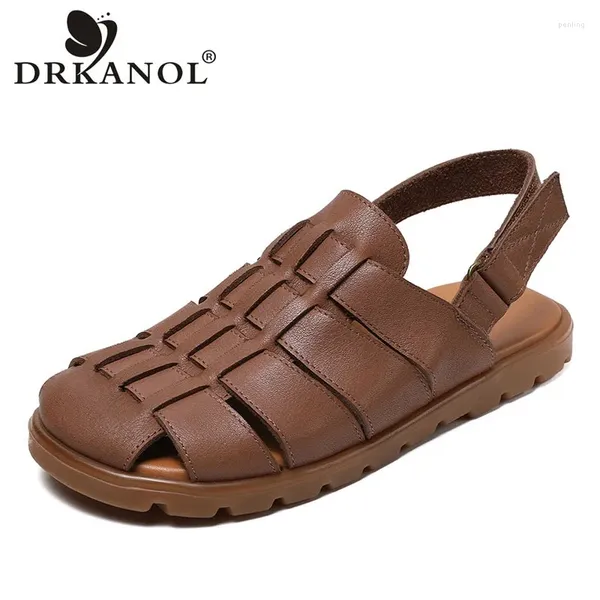 Scarpe casual drkanol women sandals piatto 2024 estate cavo fatto a mano in stile retrò gancio e anello morbido comfort signore