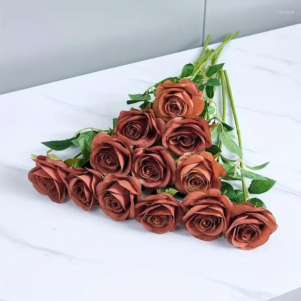 Flores decorativas 10pcs Artificial Rose Flor Rust Orange com haste longa Buquês falsos Faux para arranjo Center Cente