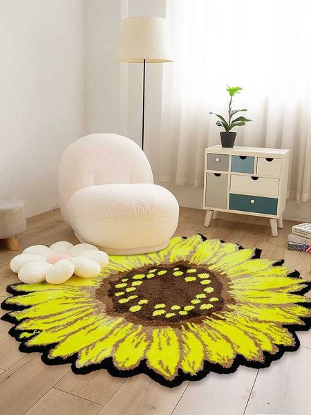 Teppiche rund Sonnenblumen Tufted Teppich Kunst Blumenbereich Teppich für Wohnzimmer Schlafzimmer moderne gelbe Pflanze Fluffy Badbodenmatte Teppich