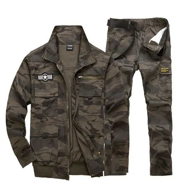 Jeans masculino estilo de trabalho estilo militar conjunto de algodão zíper cardigan primavera e outono fino camuflage traje de lazer