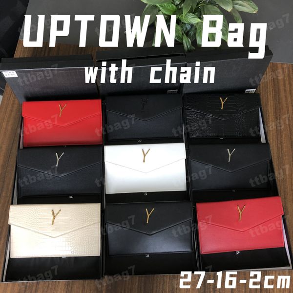 Uptown -Tasche mit 120 cm abnehmbarer Kette 10A Clutch Bag Designer Klappenumschlag Clutch Caviar Geldbörsen glatte Kreditkartenbeutel Krokodil -Leder Luxushandtasche mit Schachtel