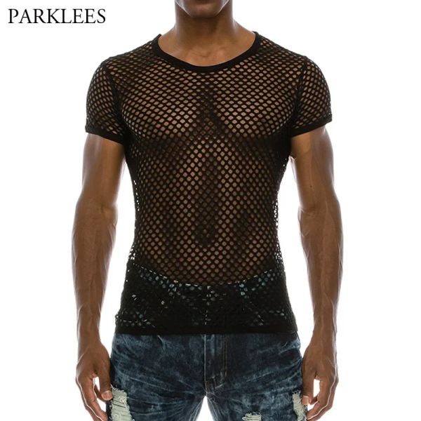 Shorts Mash's Mesh Seethrough Fishnet Shirt 2023 Fashion Sexy Short Short Shirt Nightclub Wear Tshirt Per eseguire top streetwear