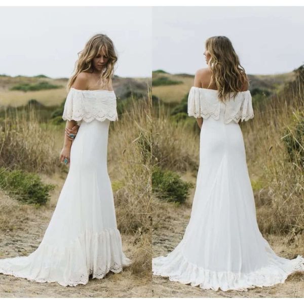 Novo country sexy boho estilo fora do ombro Lace Chiffon Bohemian Vestidos de noiva PLUSTEMIS