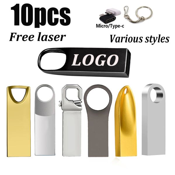 Azionamento 10pcs Flash Drive Flash personalizzato gratuito 4 GB 8 GB 2,0 Azionamento a penna ad alta velocità 16 GB 32 GB 64 GB 128 GB Pendrive Metal USB Flash Drive con regalo chiave