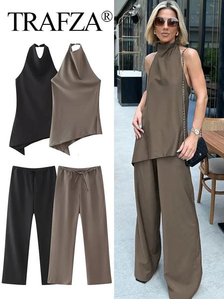 Trafza Women Vintage Solid Pant Sets sexy Rückenless Halter Camis Top Asymmetrischer Tanksstringhosen Model Streetwear 240422