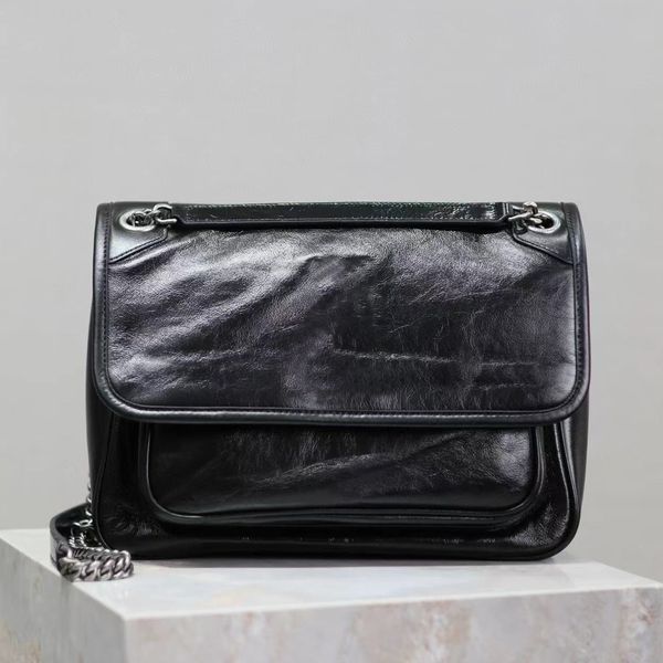 12A Upgrade Spiegelqualität Designerin Niki Flaps Bags 28 cm Cowide Lederkette Tasche Frauen echte Lederhandtaschen Reisen schwarze Geldbörse Crossbody Schultergurtbeutel