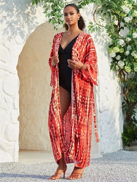 Long Kimono Swimsuit -up para mulheres elegantes corantes de tie de tie front de traje de banho de praia 240426