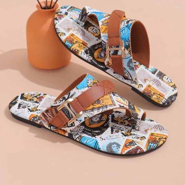 Hausschuhe Retro bedruckte Tanga-Sandalen Single-Gurtleder nicht rutschflates Frauen bequemer Fischmund vielseitiger Schuhe