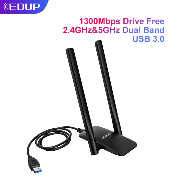 Cartões EDUP 1300Mbps Adaptador Wi -Fi USB 2.4G5.8G Card de rede sem fio com cabo USB3.0 2*6DBI Antena Antenna Adaptador Ethernet Free