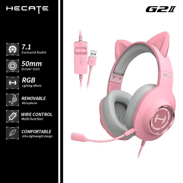 Запчасти эдификатор Hecate G2II Pink Cat Ушные наушники 7.1 Слушащий звук для лампочки RGB Light, Шумовая отмена микрофоны для ПК