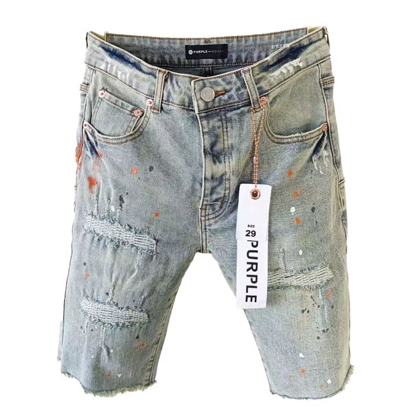 Purple Summer Denim Shorts Light Men Ripped Stretch Stretch Pinente Pintado Patch Casual Quarter Quarts