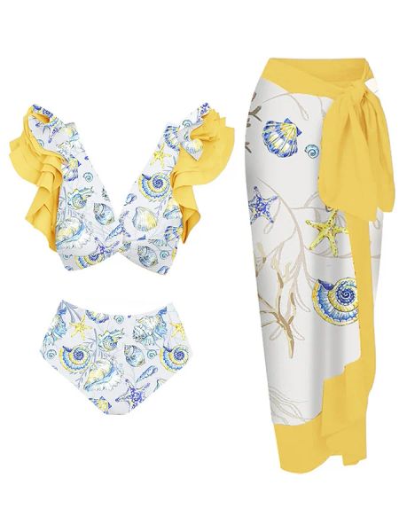 Set 2023 Nuovo guscio oceano a pieghe giallo Starfish Starfish Deep V Design diviso Design Bikini Brify Bikini Copertura