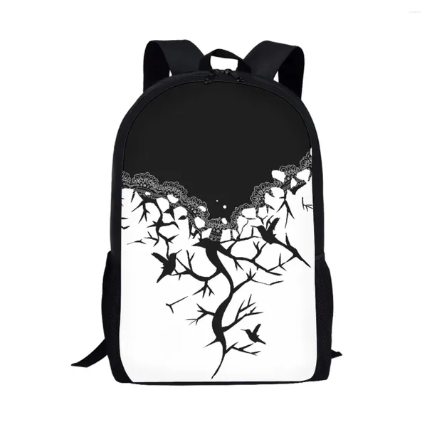 Sırt çantası varışlar siyah beyaz kuş baskı büyük kapasiteli seyahat açık hava çanta ayarlanabilir okul çantası gençlik özel görüntü çantası