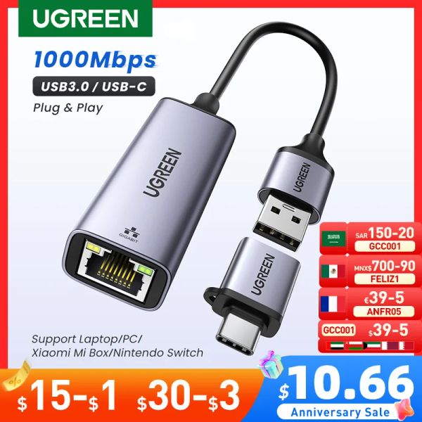 Адаптеры UGREEN USB Ethernet Adapter USB3.0 1000 Мбит / с USB RJ45 Сетевая карта для ноутбука Xiaomi Mi Box S Nintendo Switch PC Интернет USB LAN