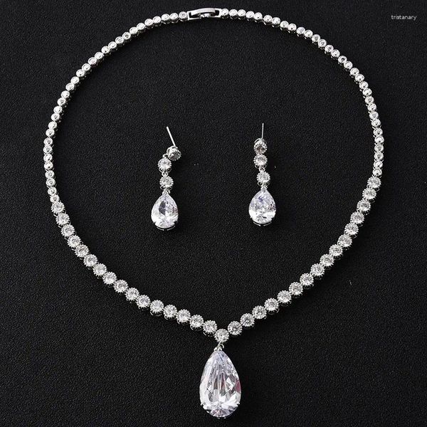 Brincos de colar Conjunto de água circular requintada pingente de água cúbica Brincho de fantasia de cristal de zircônia para mulheres jóias de noiva de luxo
