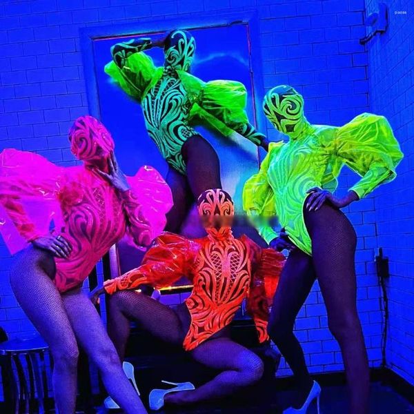 Bühnenverschleiß Fluoreszenzfarbe Gogo Tanzleistung Kostüm Puff Ärmel Bodysuit Nachtclub Festival DJ Dancer Kleidung Kleidung