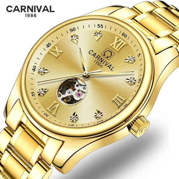 Relógios de pulso Carnival Luxury Gold Mechanical Watch Men Moda Sapphire Aço inoxidável impermeável esqueleto automático Relogio Masculino