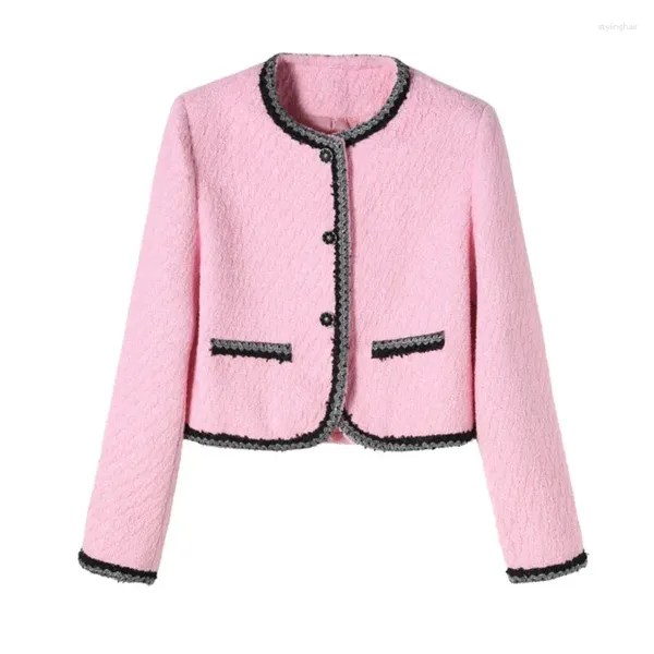 Jaquetas femininas jaqueta de tweed rosa para roupas de primavera/outono, cinturão cintilante emendre