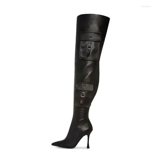 Stiefel große Größe 44 Stufe Frauen über Knie hohe dünne Absätze Taschen Speed Zehenschuhe Stiletto weit fit long Stiefeletten