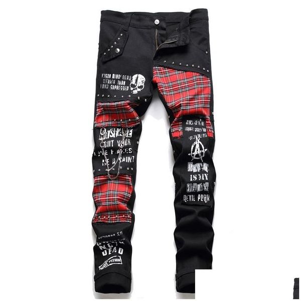 Jeans masculinos Mens Escócia Scotland Red Tartan Work Punk rebite calças de jeans pretas SKL LETRAS IMPRESSIDAS PRIMEIRAS SLIM SLIETS 230606 DROP D DH4HY