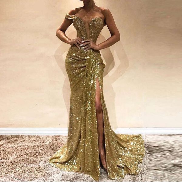 Вечерние блестки блестящие золотые платья русалки с плеча с высокой щелью длиной формальное платье V-образное выпускное выступ