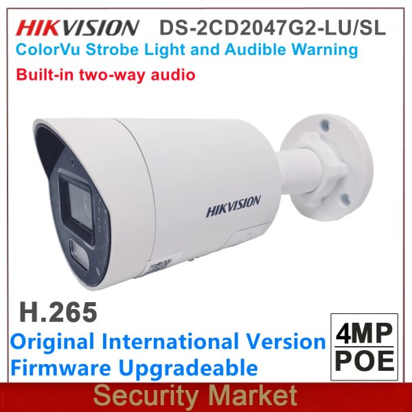 Câmeras originais inglesa hikvision ds2cd2047g2lu/sl 4mp colorvu estroboscópio e aviso audível mini câmera de rede de bala fixa