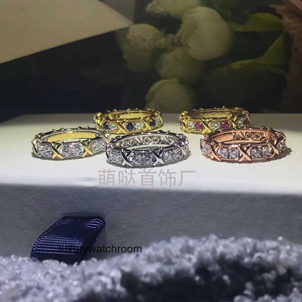 Frauen Band Tiifeany Ring Schmuck Neue High Edition Cross Full Diamond Colored for Womens 18K Gold Blue Eingelegtes Modepaar