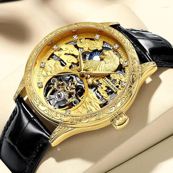 Relógios de pulso retrô 3D gravado Tiger Dial Dial Menical Watch Mechanical Watch Skeleton Watches Automatic Men Bling Diamond Gold Relloj Hombre