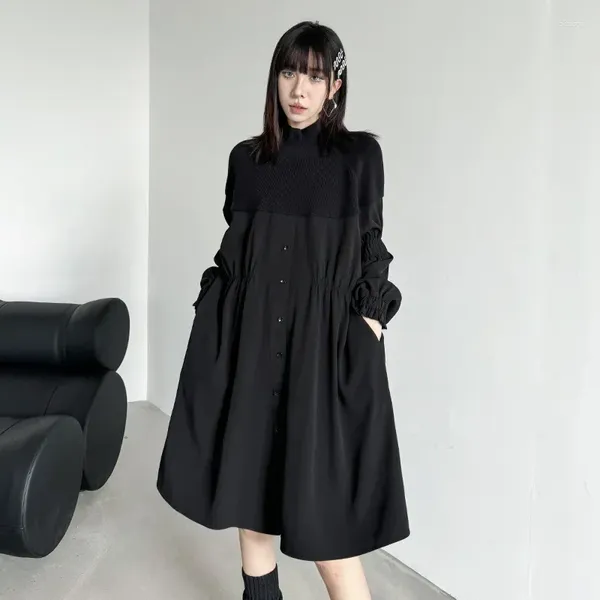 Vestidos casuais malha malha vestido de colarinho feminino japão design preto manga cheia uma linha plissada em todas as partidas
