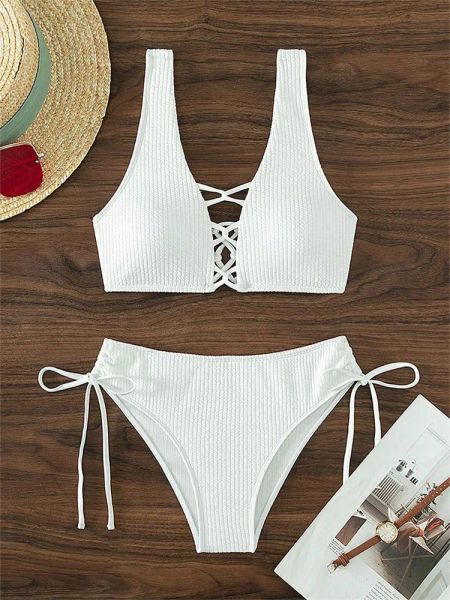 Set Sexy preto de biquíni branco conjunto feminino Solid Hollow Out Lace Up Tie Side High Swimsuit