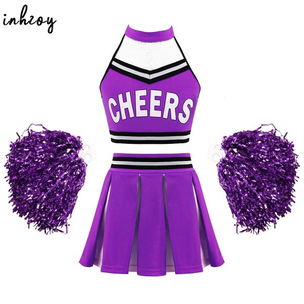 Uniforme da cheerleader per bambini e ragazze costumi di danza del soffitto Mesh giunzione lavoro di Cheerleader Crop Tops Abilità di piega e set soffici 240425