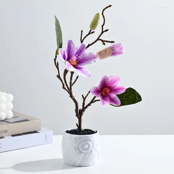 Flores decorativas 3 cabeças Touch real Luxury Magnolia Artificial for Wedding Decoration Fake Flower Branch Home Table Decor