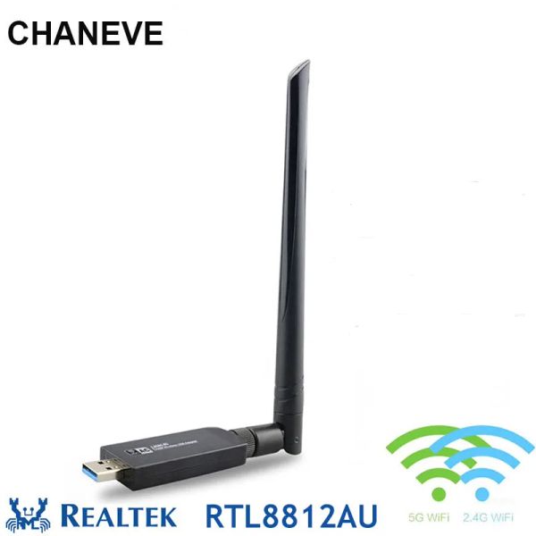 Cards Chaneve RTL8812AU Чипсета 5 ГГц 1200 Мбит/с Wi -Fi Adapter USB 3.0 Беспроводная сетевая карта + 5DBI Антенна для Windows 7/8/10/Kali Linux