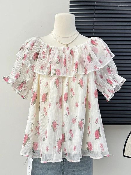 Blusas femininas colarinho de uma palavra de uma palavra de plus size sweet little fêmea camisa feminina 2024 Tops de manga comprida da moda da primavera