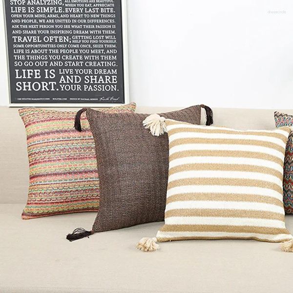 Kissen spanischer Stilwurf Imitation Stroh weben 45x45 Abdeckung mit Quasten Stripe Pillowcase Home Decor