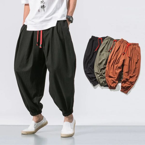 Calças de harém de grandes dimensões soltas de algodão chinês e calças de linho Joggers calças casuais de alta qualidade 240424
